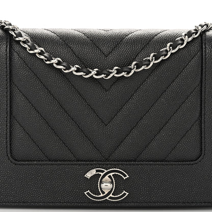 Chanel Metallic Caviar Chevron Quilted Vintage Mademoiselle Wallet On Chain WOC Charcoal 8 of 10
