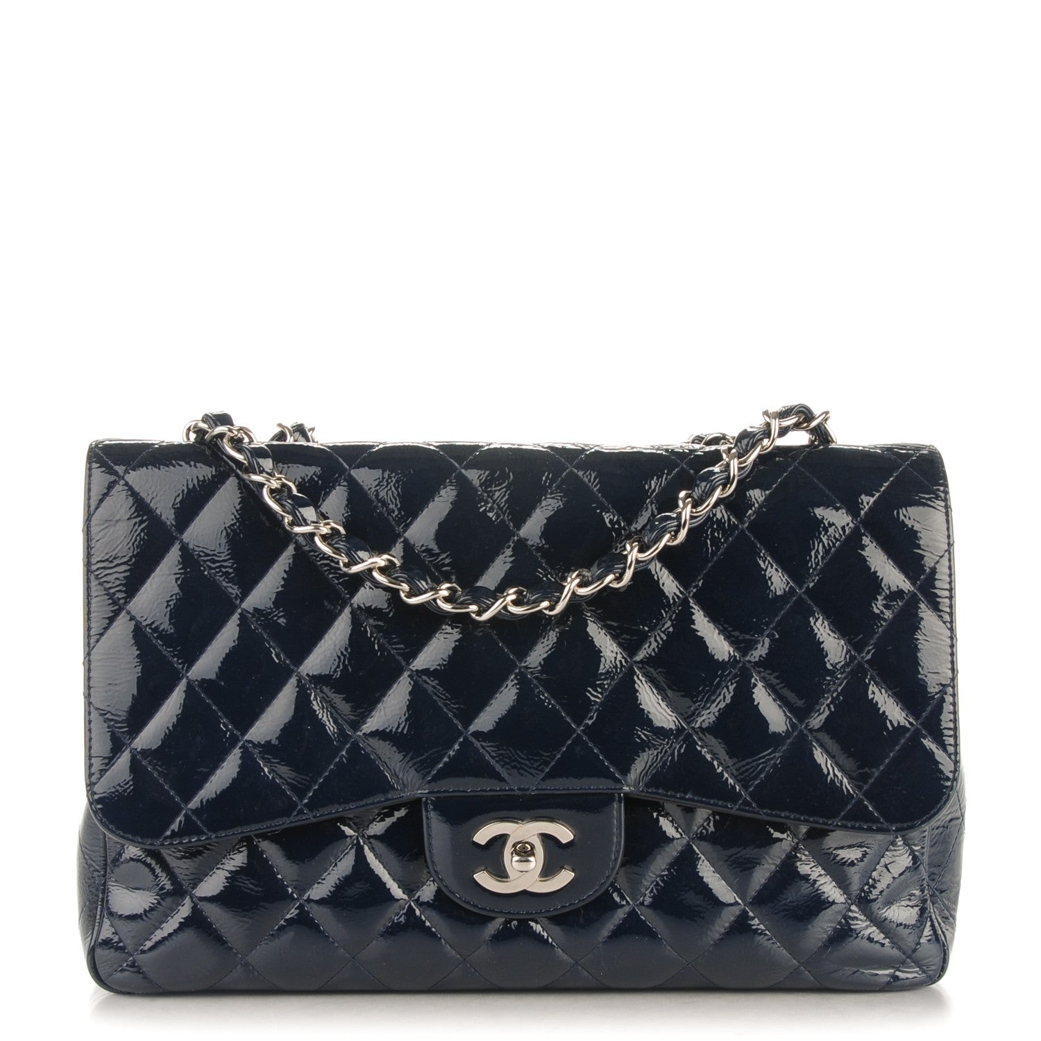 Chanel Distressed Patent Quilted Jumbo Single Flap Navy 1 of 10