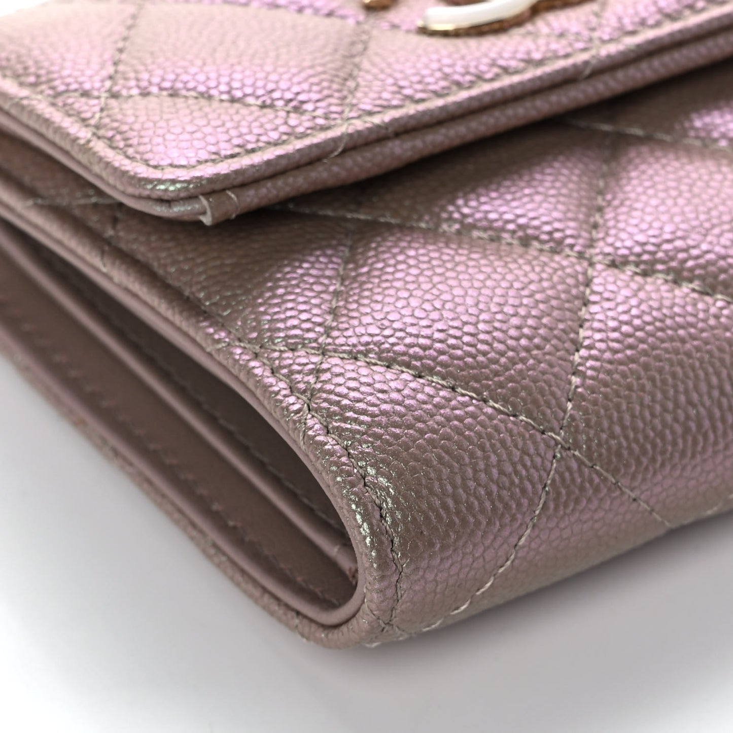 Iridescent Caviar Quilted Small Flap Wallet Beige