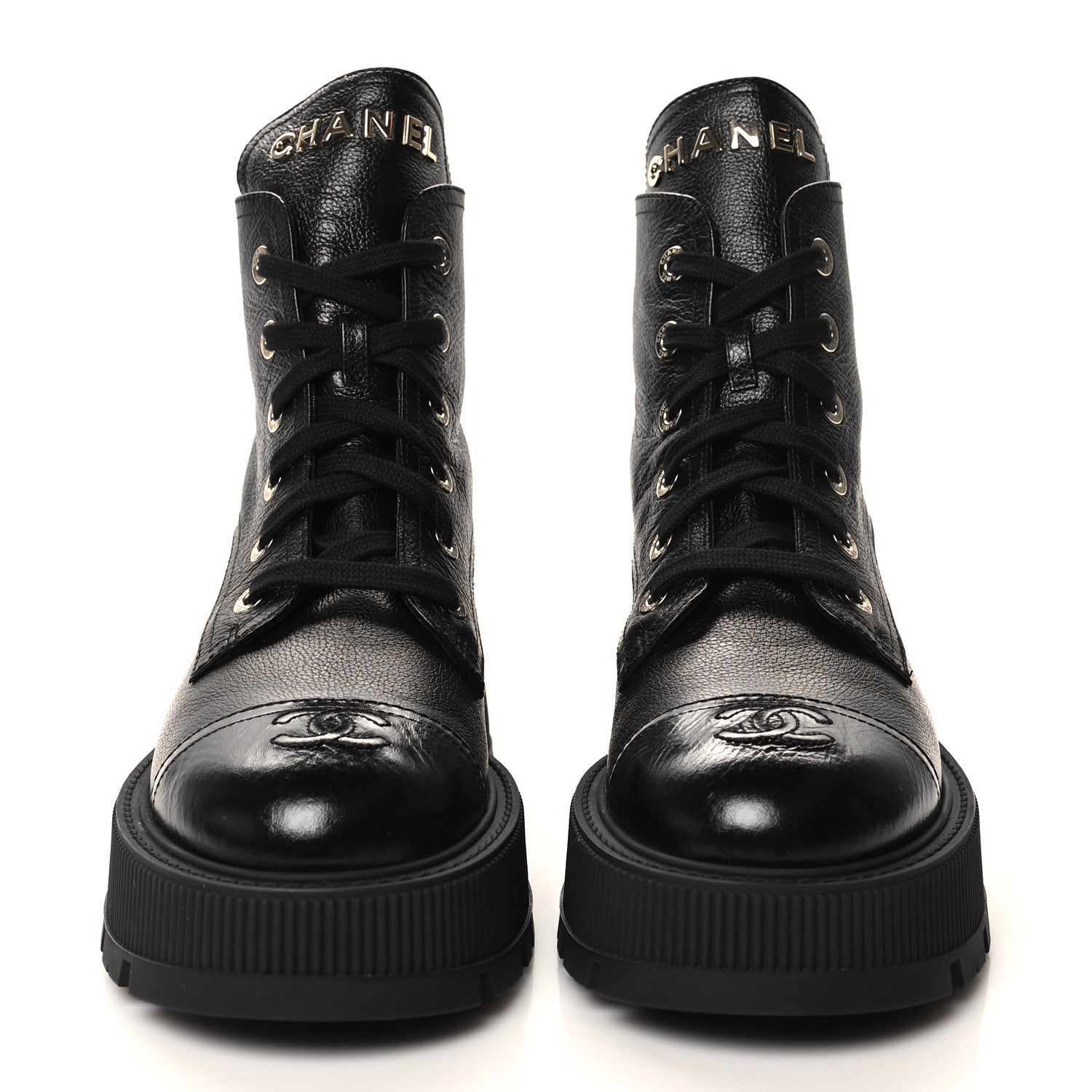 Chanel Grained Calfskin Shiny Calfskin CC Lace Up Combat Boots 40 Black 2 of 9