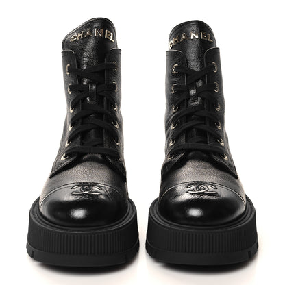 Chanel Grained Calfskin Shiny Calfskin CC Lace Up Combat Boots 40 Black 2 of 9