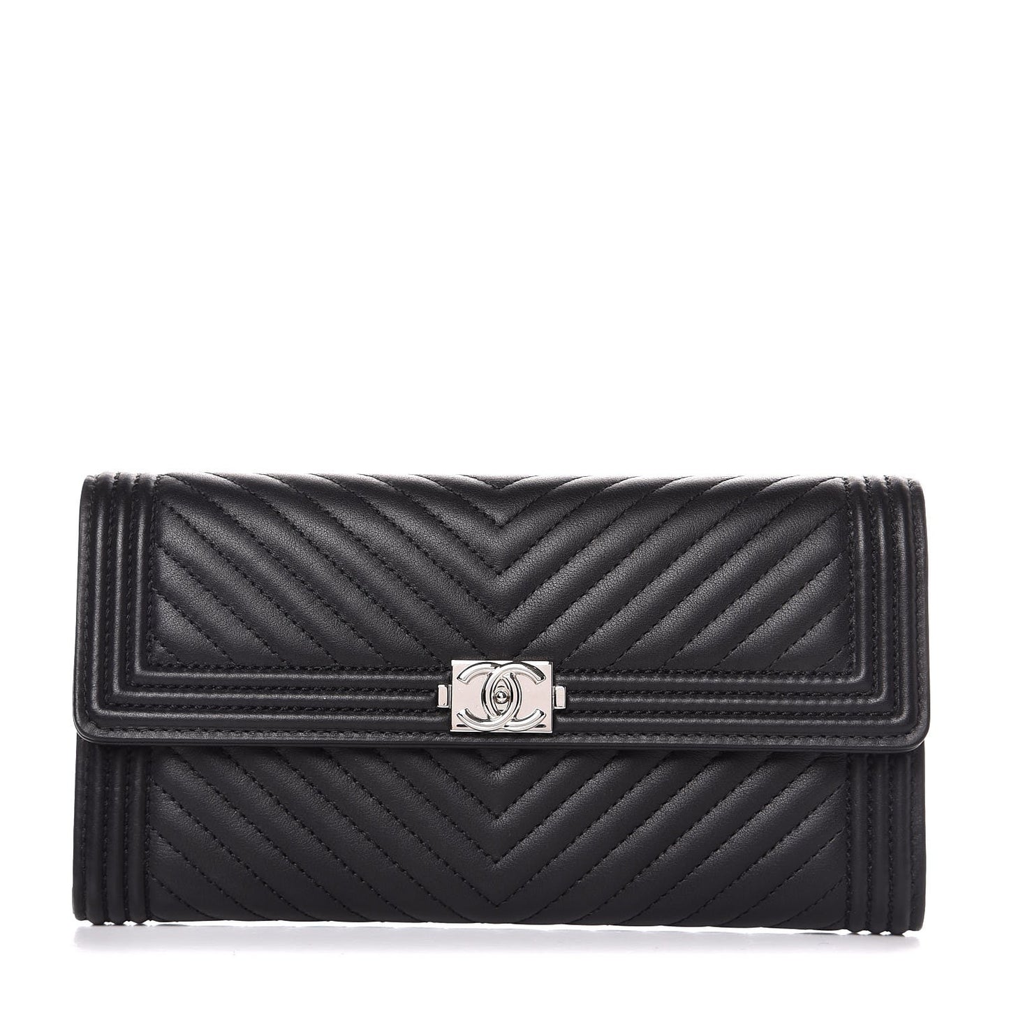 Calfskin Chevron Quilted Boy Flap Wallet Black