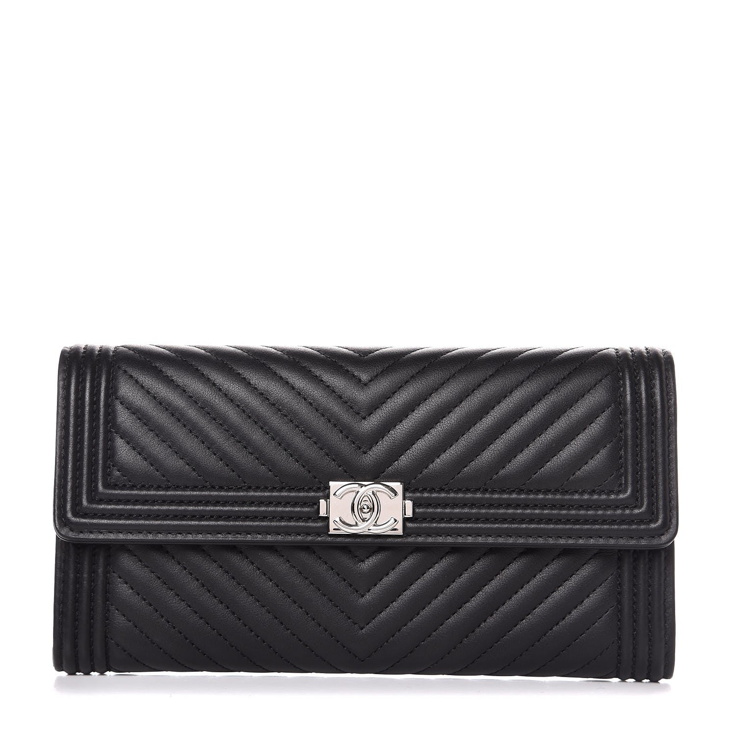 Chanel Calfskin Chevron Quilted Boy Flap Wallet Black 1 of 8