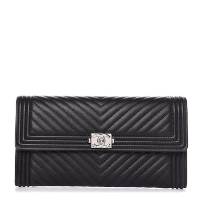 Chanel Calfskin Chevron Quilted Boy Flap Wallet Black 1 of 8