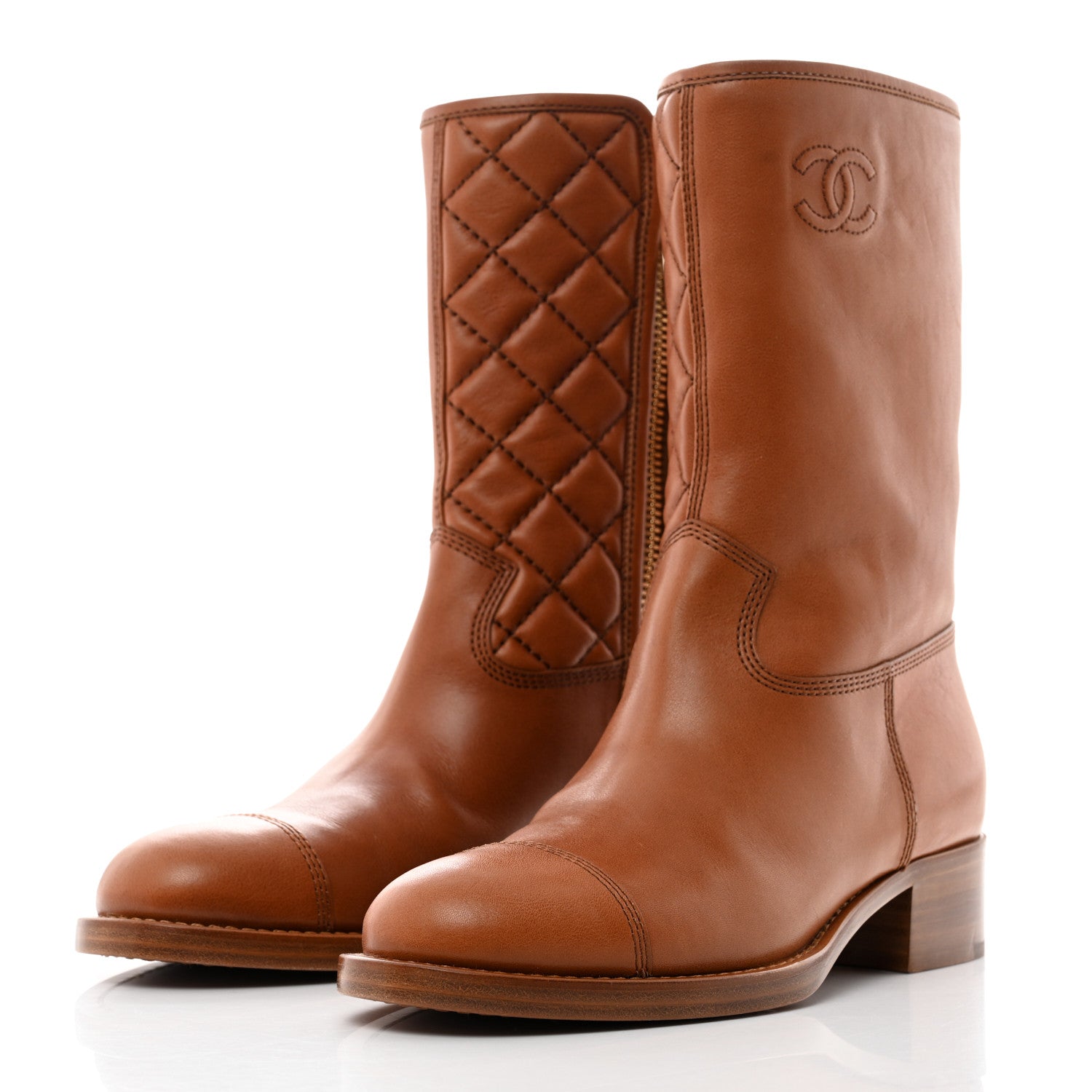 Chanel Calfskin CC Logo Mid Calf Boots 39 Caramel 3 of 8