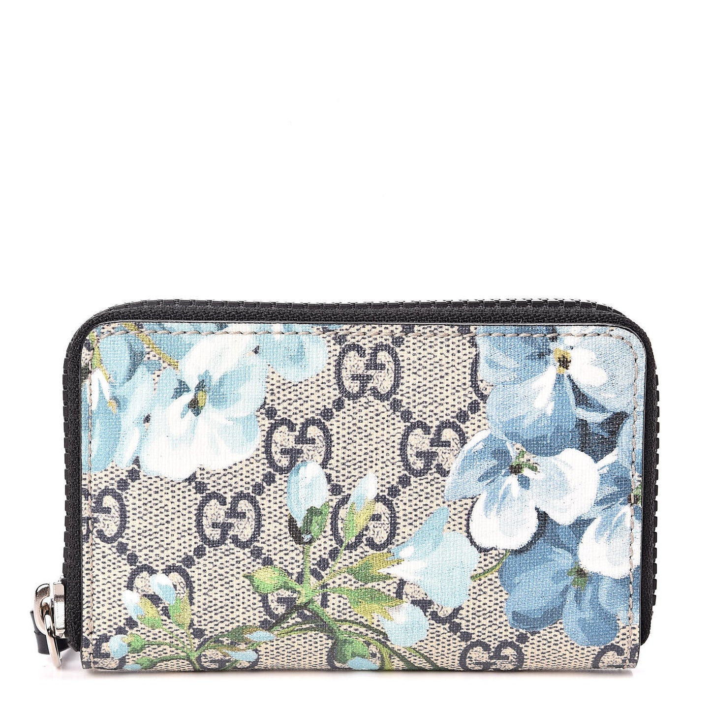 GG Supreme Monogram Blooms Zip Around Card Case Wallet Beige Blue Navy