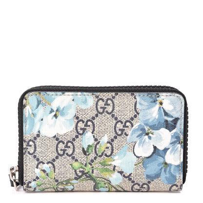 Gucci GG Supreme Monogram Blooms Zip Around Card Case Wallet Beige Blue Navy 1 of 7