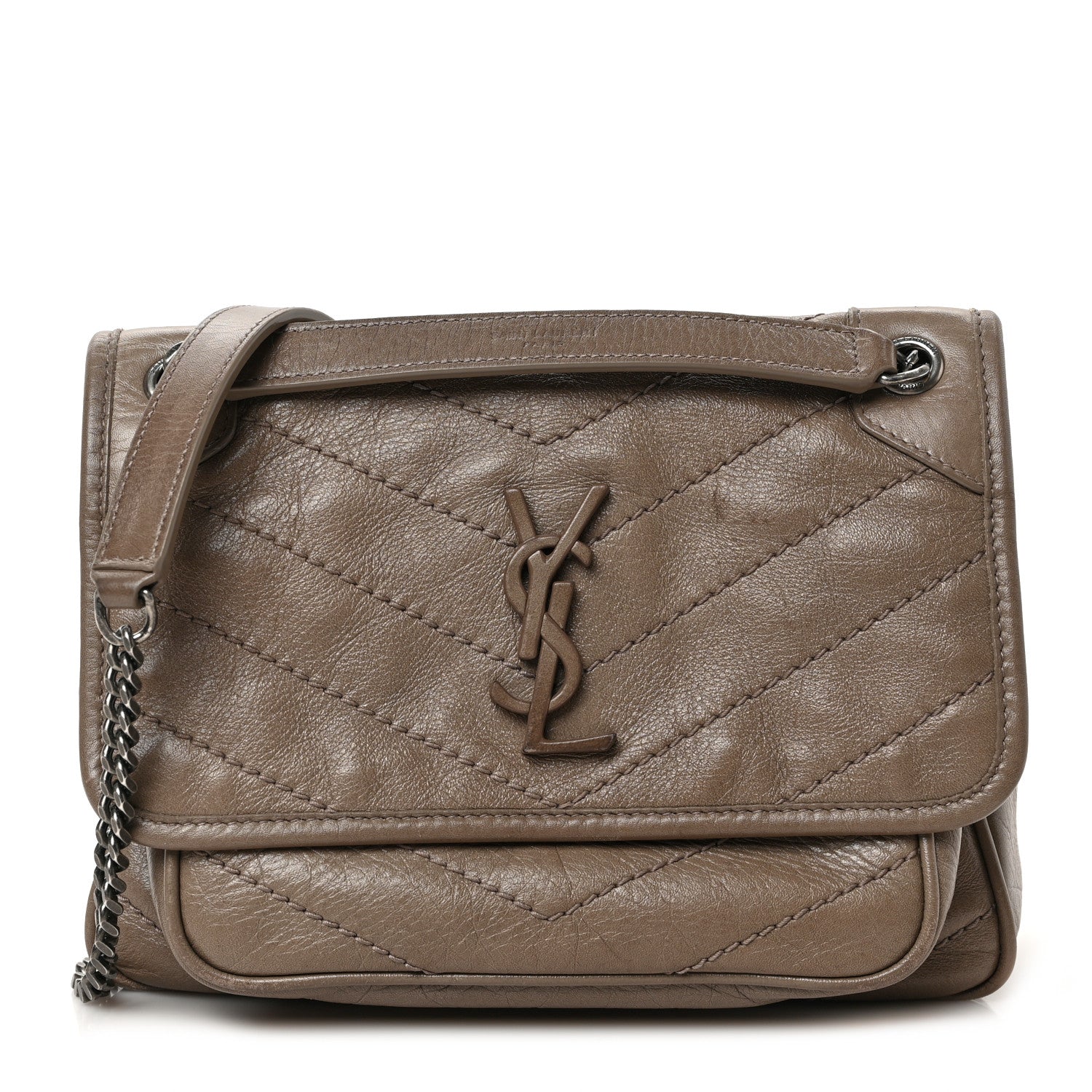 Saint Laurent Crinkled Calfskin Matelasse Monogram Baby Niki Chain Satchel Greyish Brown 1 of 11