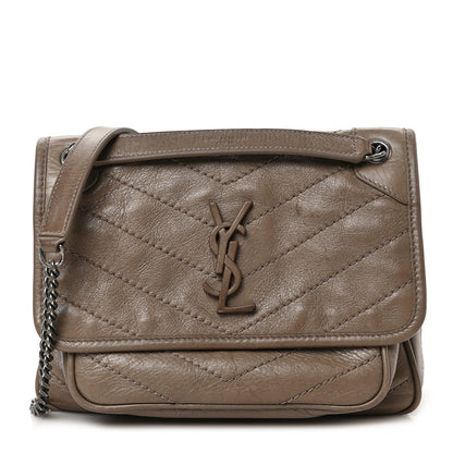 Saint Laurent Crinkled Calfskin Matelasse Monogram Baby Niki Chain Satchel Greyish Brown 1 of 11