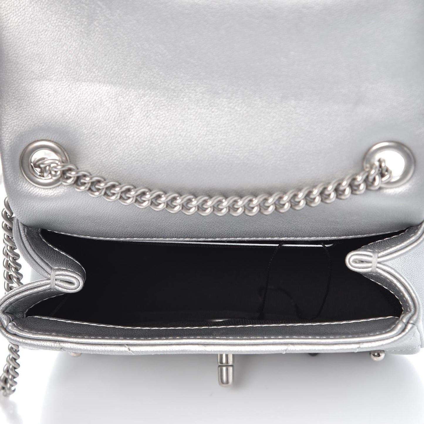 Metallic Lambskin Chevron Quilted Studded Mini Flap Silver