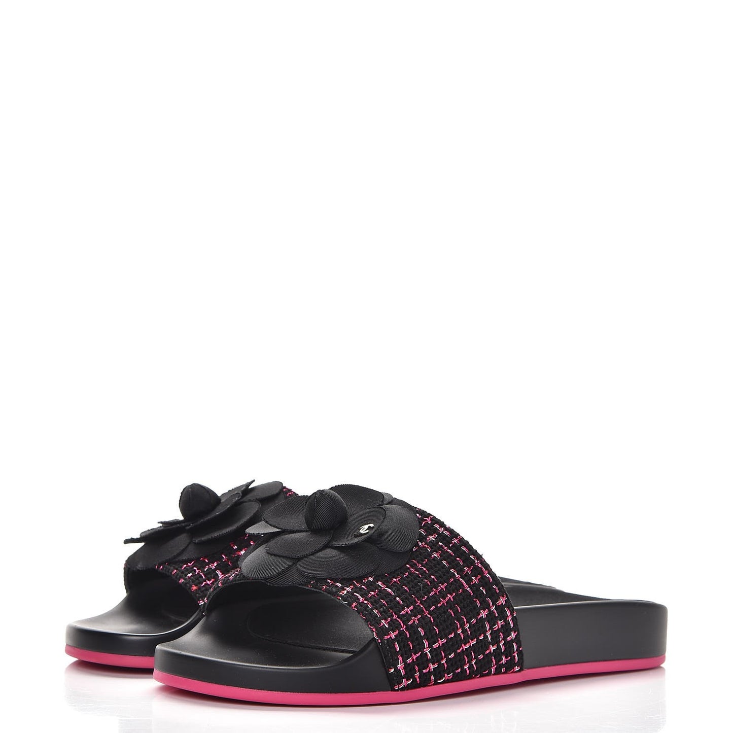 Tweed Grosgrain Camellia CC Flat Mules 36 Black Pink