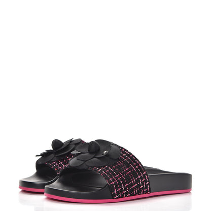 Chanel Tweed Grosgrain Camellia CC Flat Mules 36 Black Pink 3 of 10