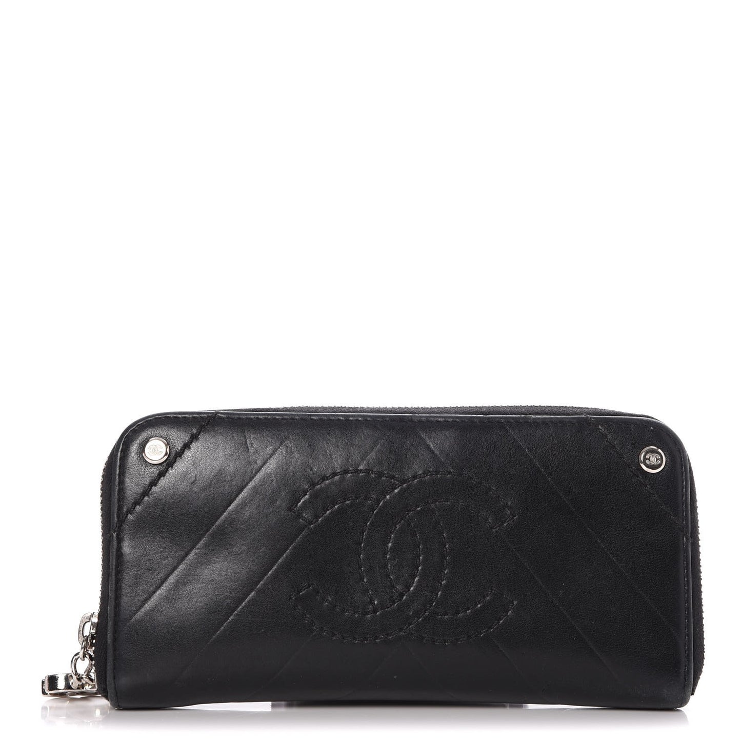 Lambskin Chevron Quilted CC Zip Around Wallet Black