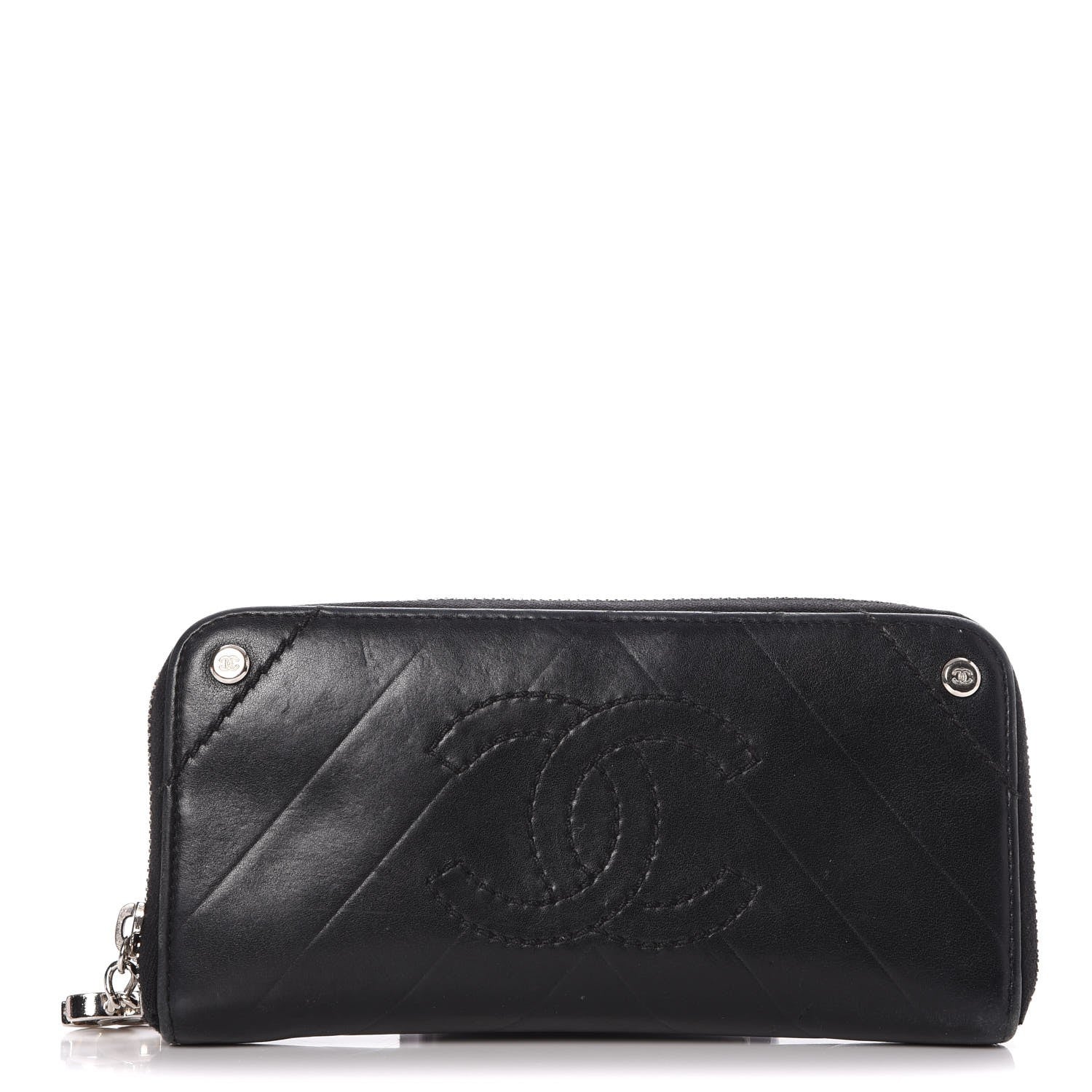 Chanel Lambskin Chevron Quilted CC Zip Around Wallet Black 1 of 9