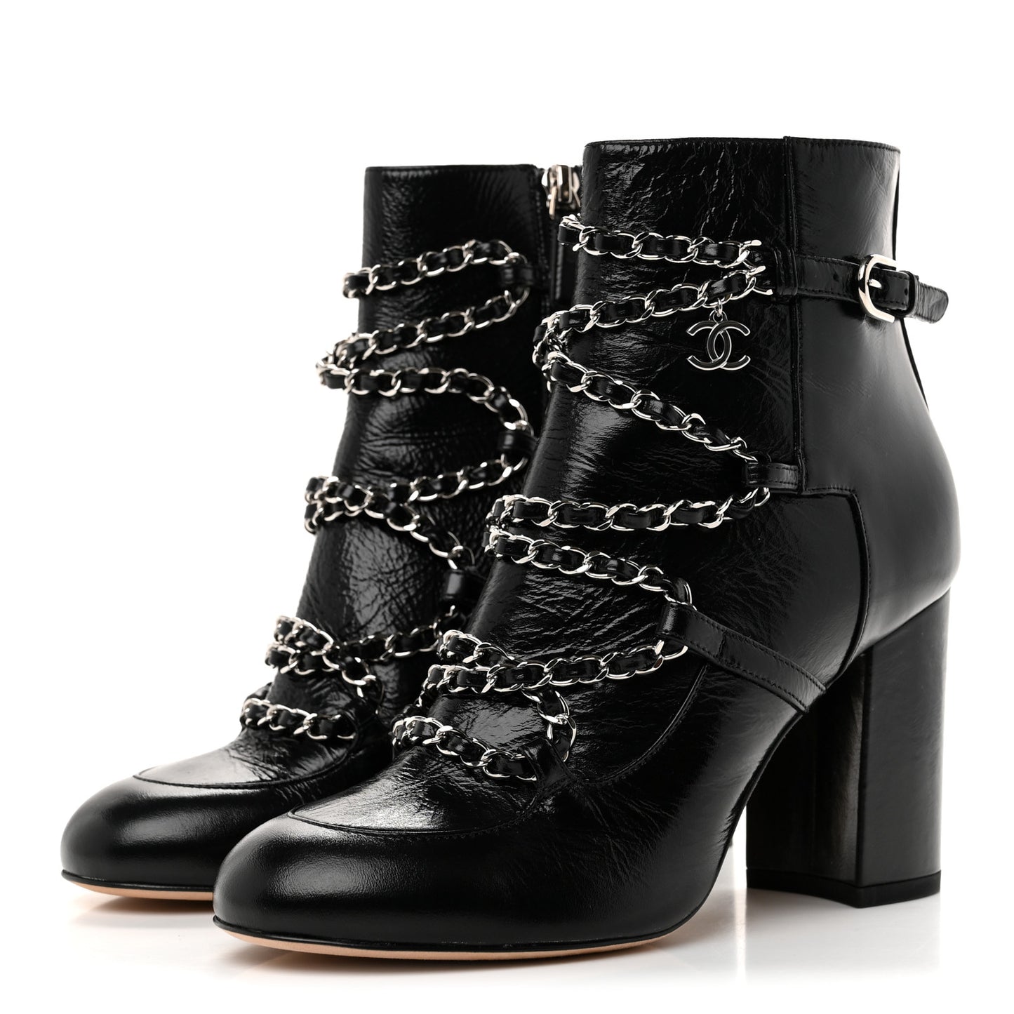 Crackled Calfskin Chain CC Short Boots 38 Black