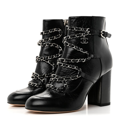 Chanel Crackled Calfskin Chain CC Short Boots 38 Black 3 of 9