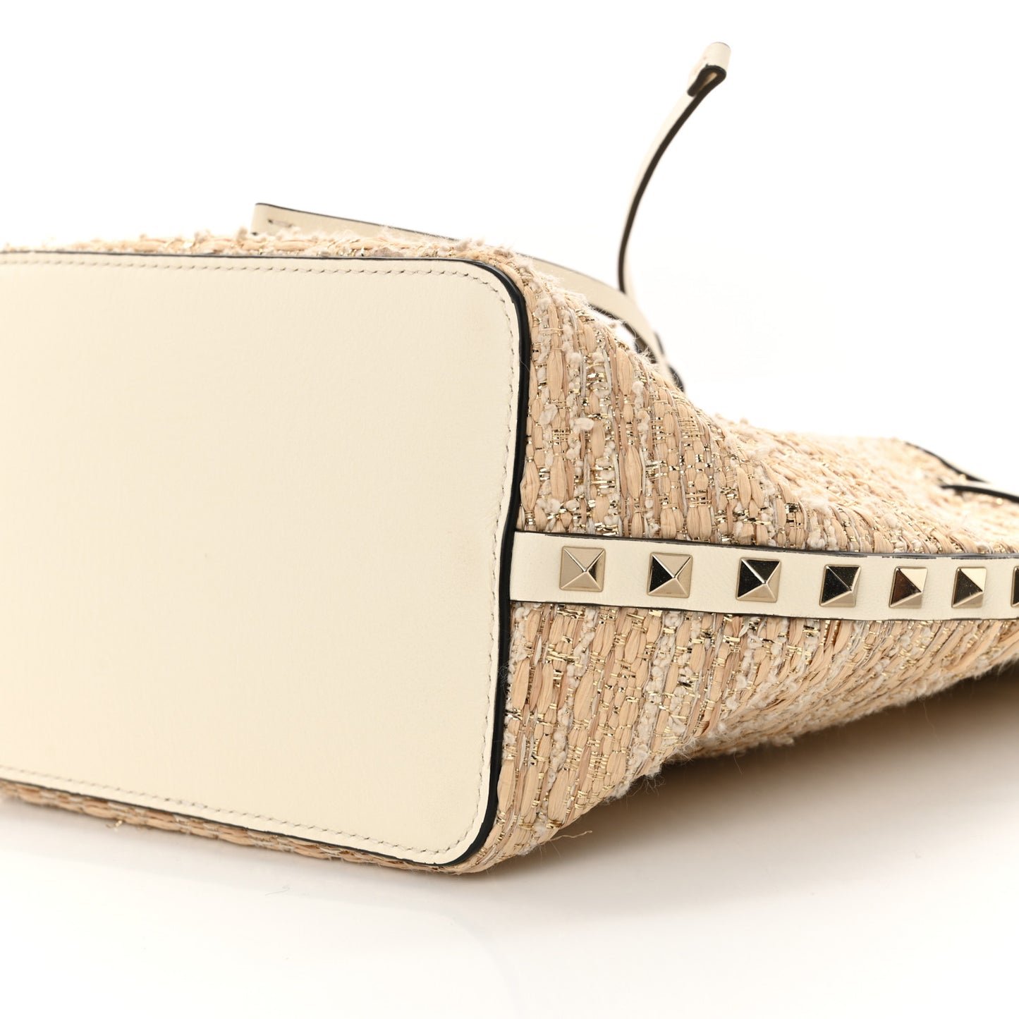Metallic Boucle Raffia Calfskin Rockstud Drawstring Bucket Bag Ivory Gold