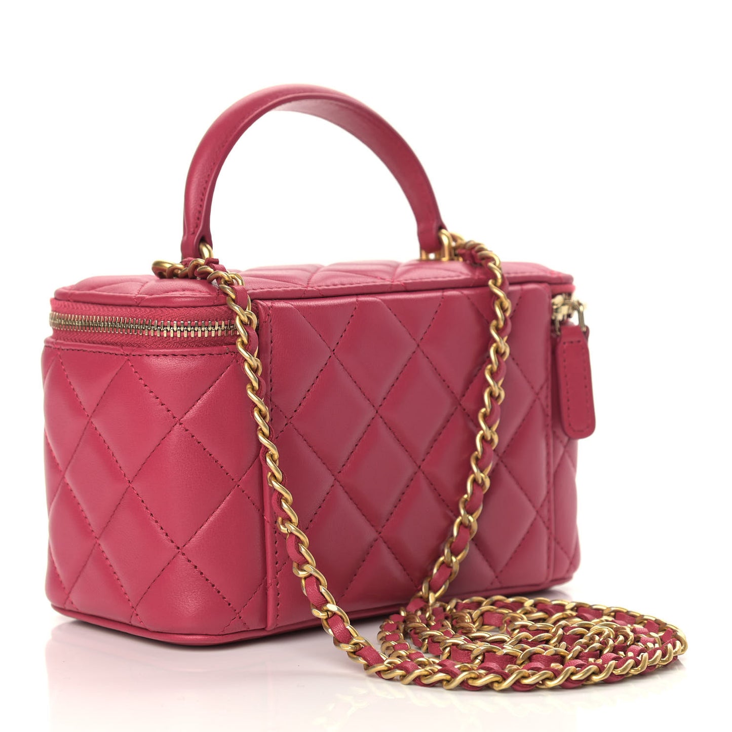Lambskin Quilted Small Top Handle Vanity Case With Chain Dark Pink