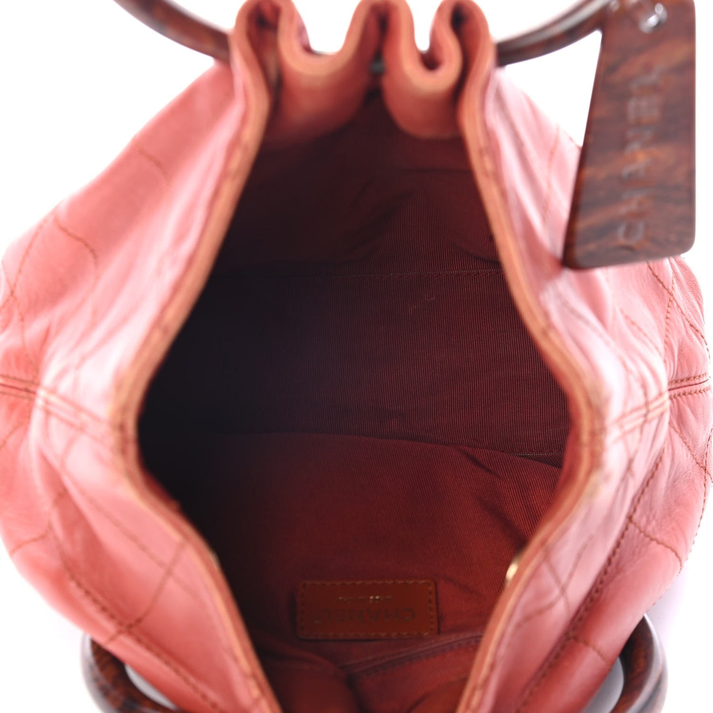 Lambskin Stitched Wood Handle Bag Red