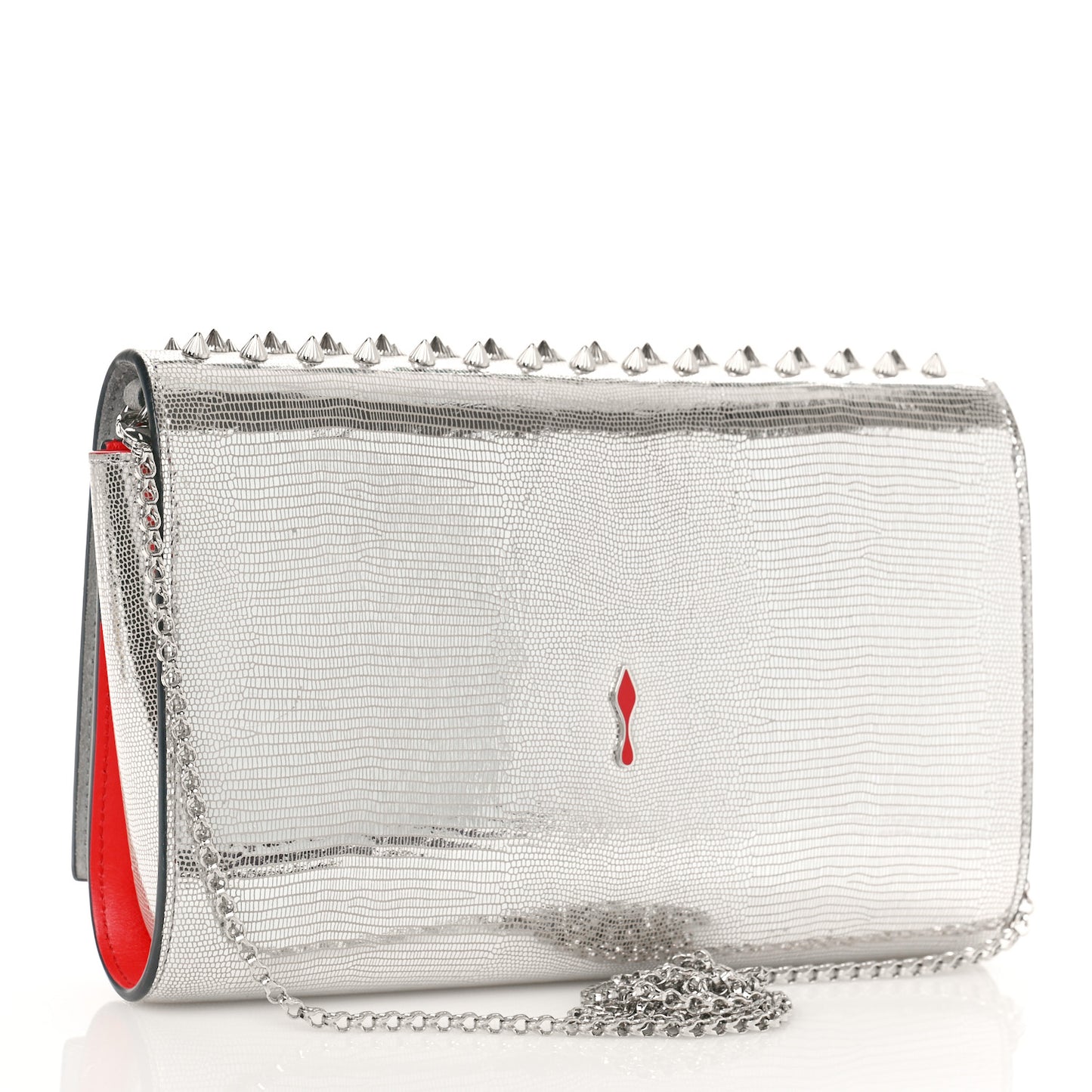 Metallic Laminato Lizard Embossed Spikes Paloma Clutch Silver