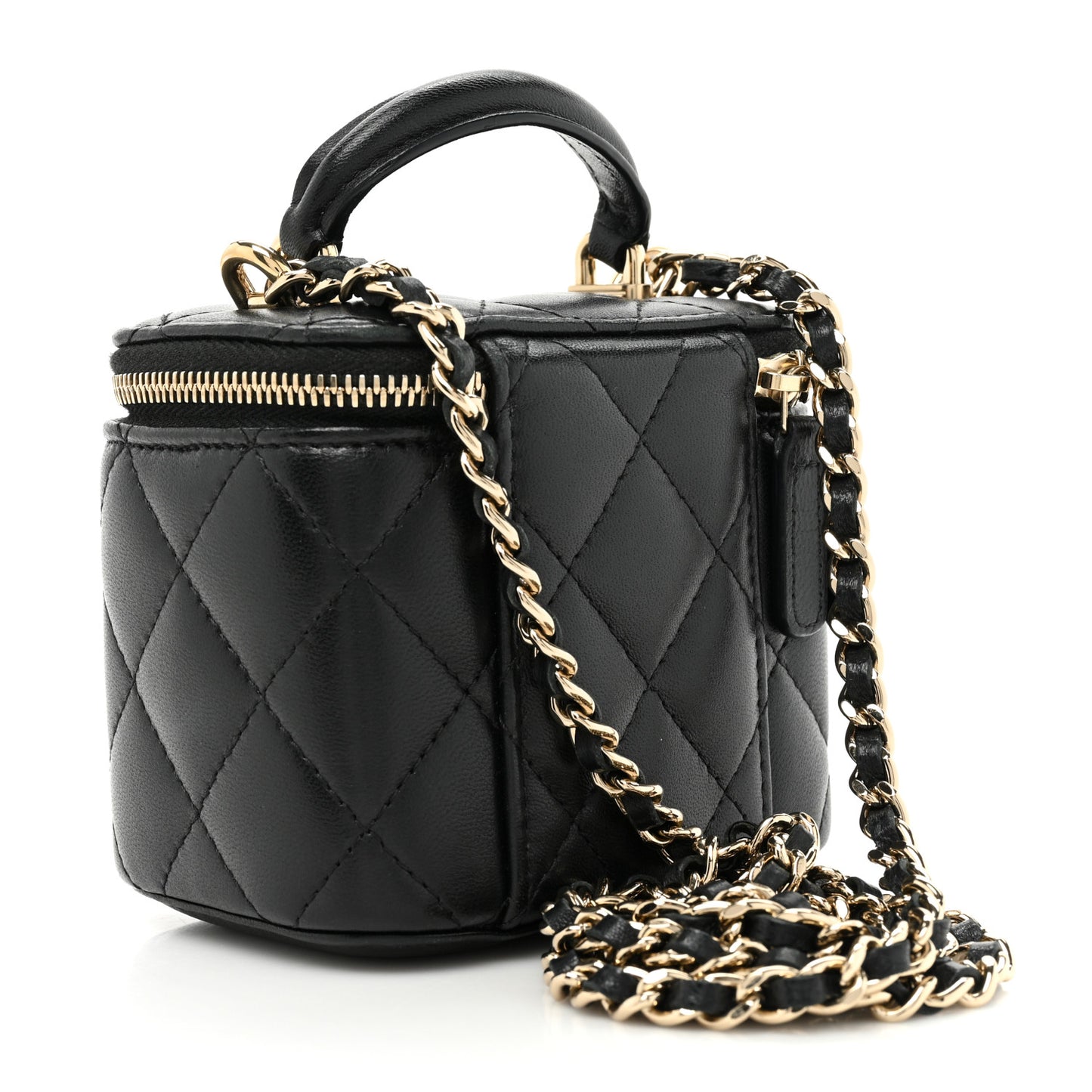 Lambskin Quilted Top Handle Mini Vanity Case With Chain Black