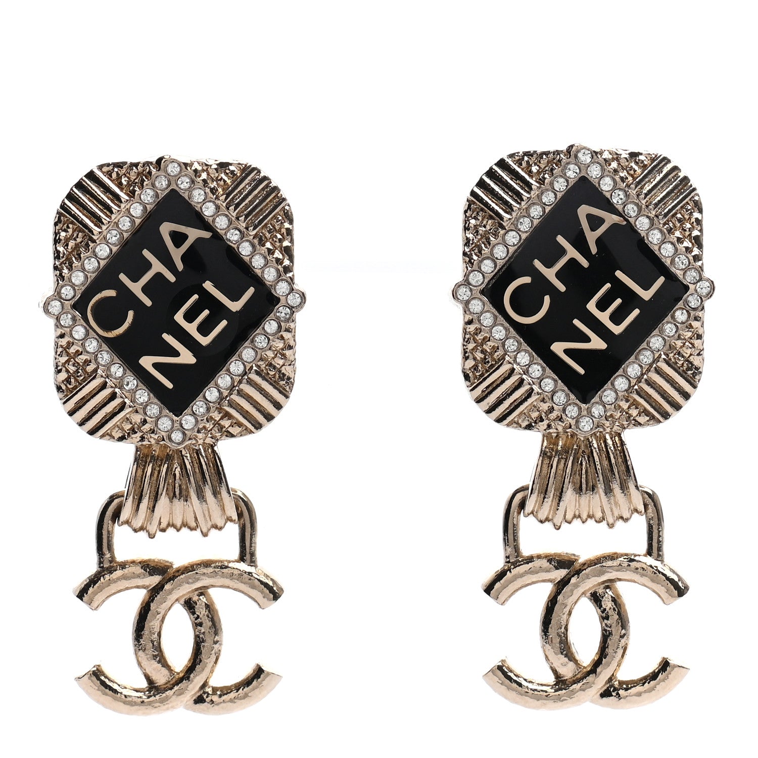 Chanel Resin Crystal Quilted CC Drop Earrings Black Gold 1 of 4