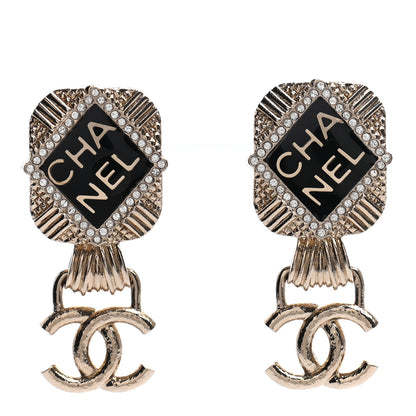 Chanel Resin Crystal Quilted CC Drop Earrings Black Gold 1 of 4