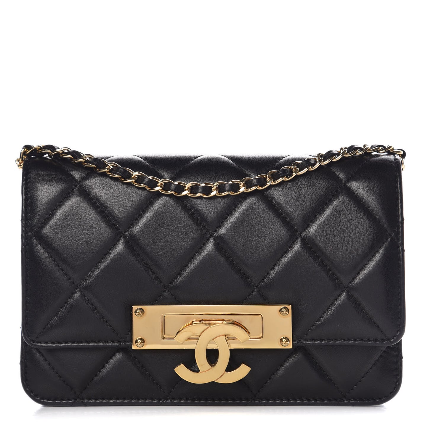 Lambskin Quilted Golden Class Wallet on Chain WOC Black
