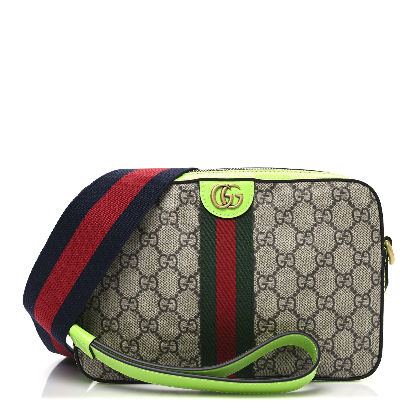 GG Supreme Monogram Textured Dollar Calfskin Web Ophidia Wristlet Shoulder Bag Beige Ebony Green