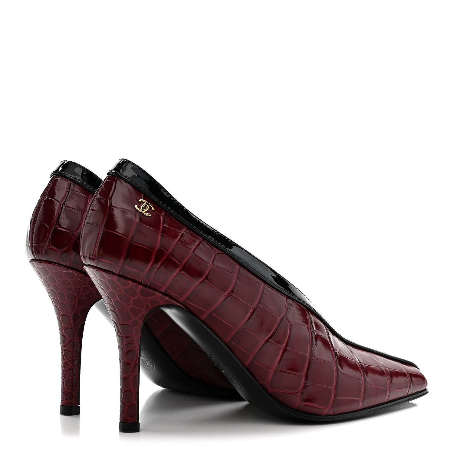 Chanel Crocodile Embossed Patent Calfskin Pumps 38.5 Burgundy Black 5 of 10