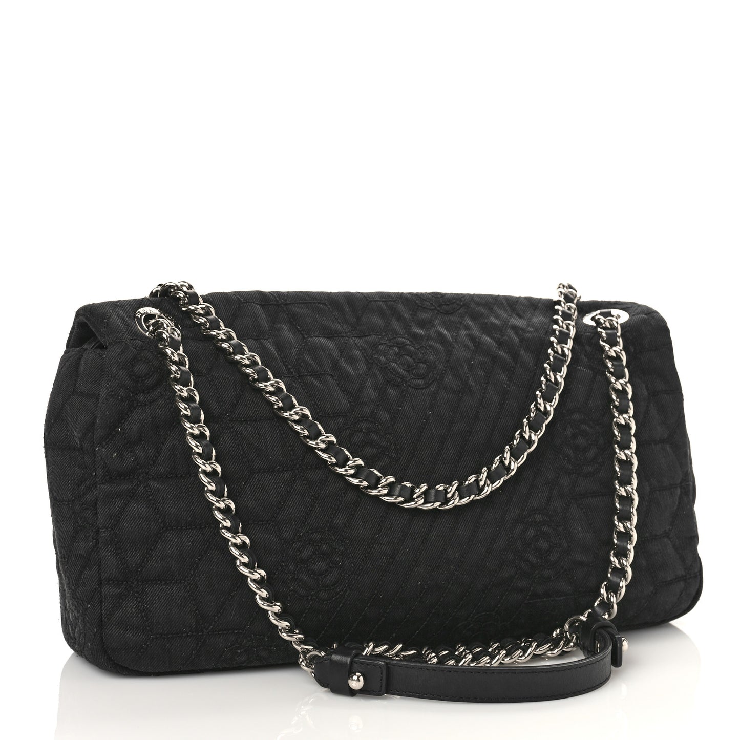 Denim Camellia Embroidered Large Flap Black