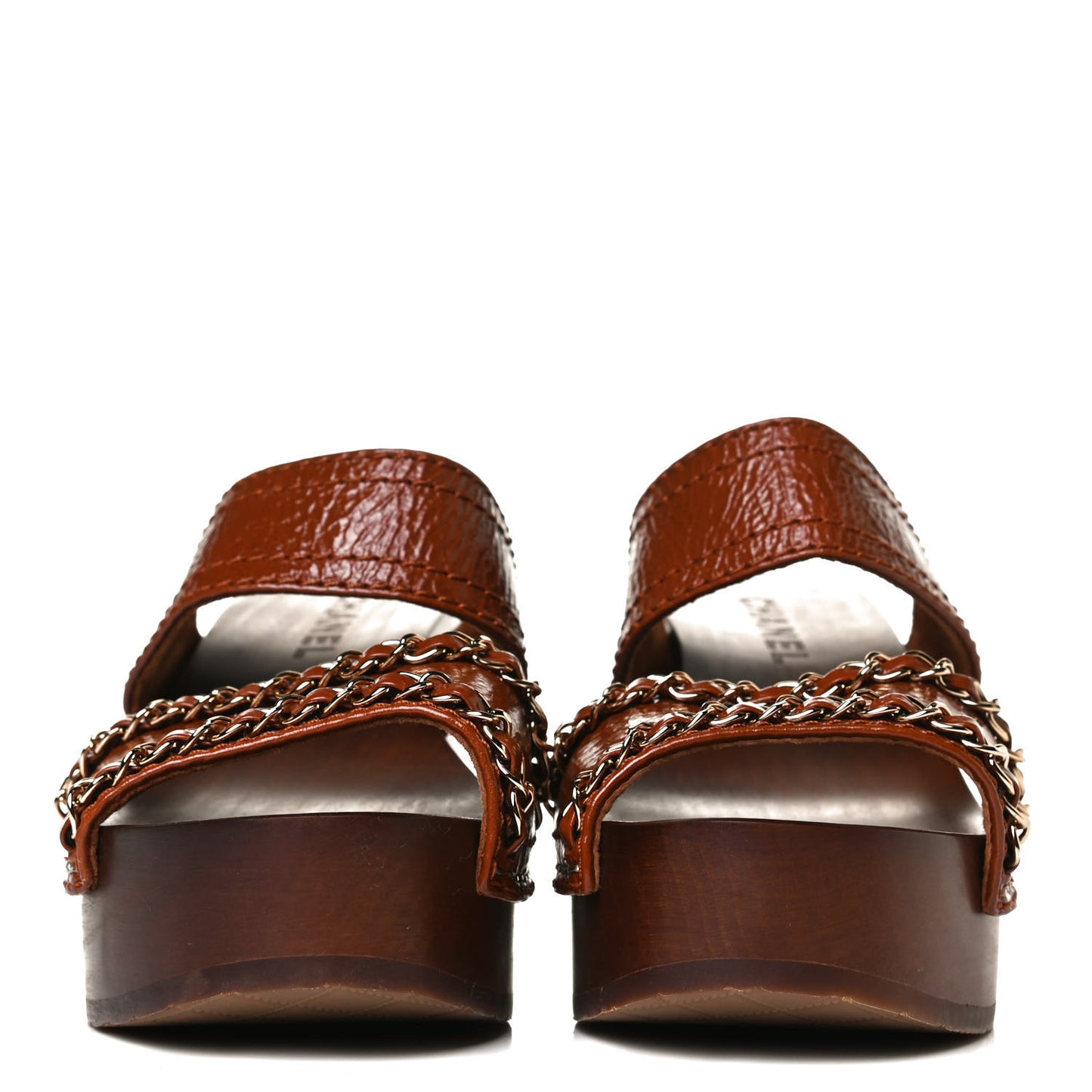 Glazed Calfskin Wood Chain Sandals 36 Brown