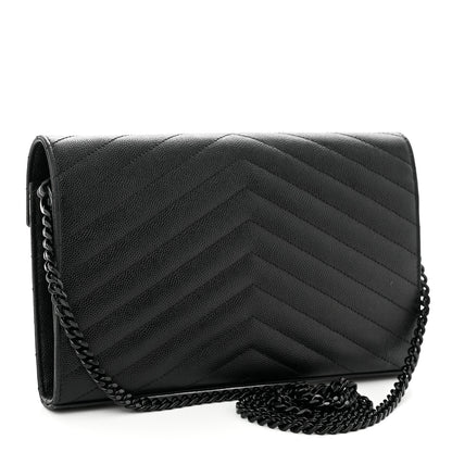 Saint Laurent Grain De Poudre Matelasse Chevron Monogram Monochrome Chain Wallet Black 3 of 10