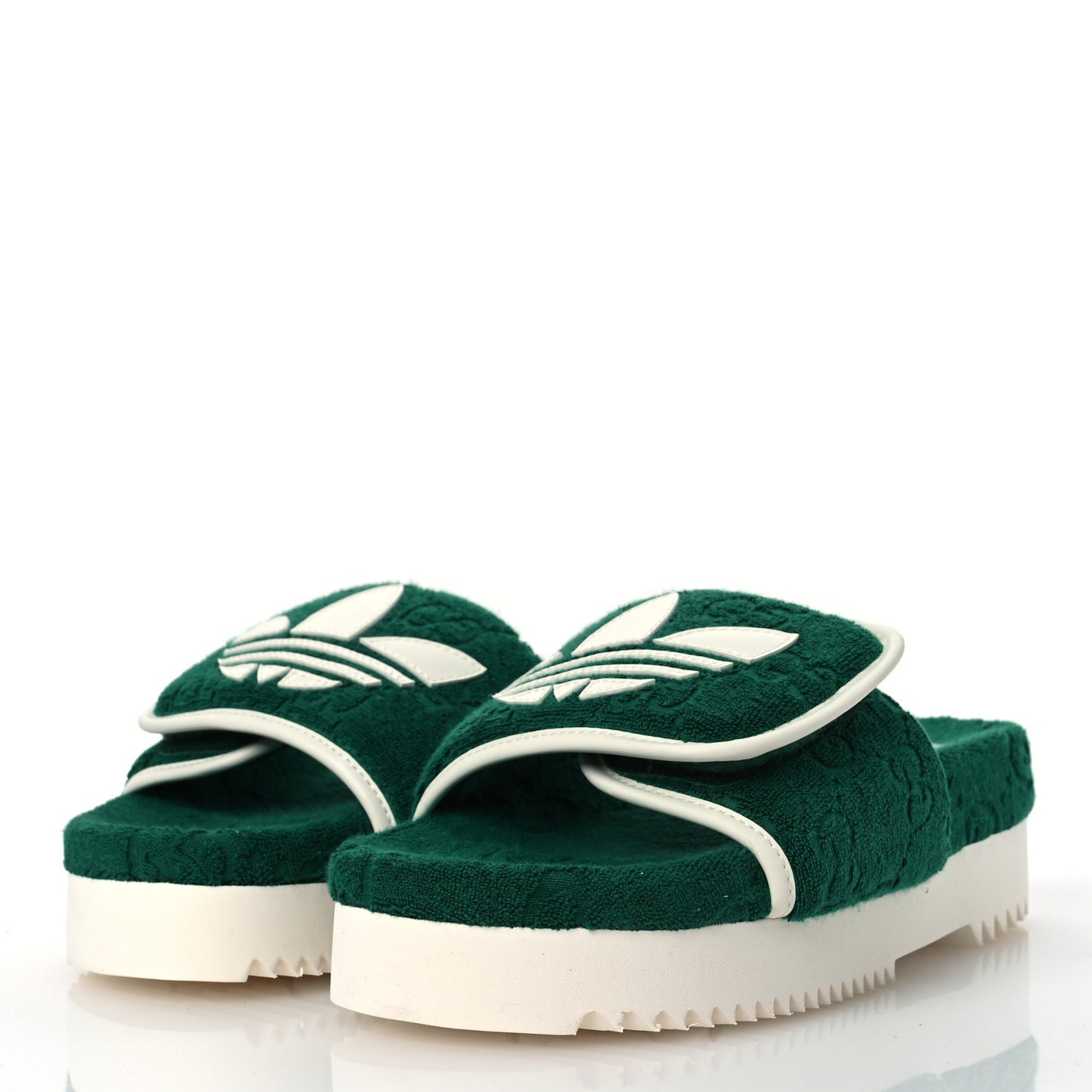X ADIDAS Terry Cloth Trefoil GG Monogram Womens Platform Sandals 38 Green Off White