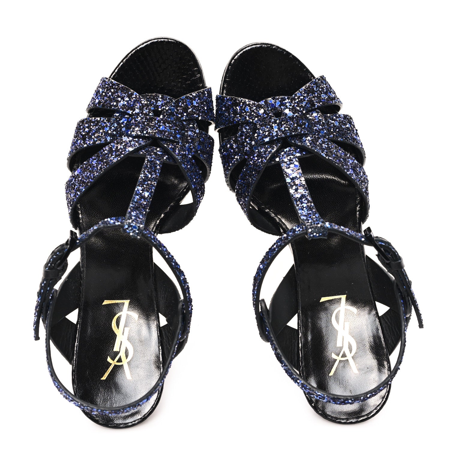 Saint Laurent Glitter Calfskin Ayers Tribute 75 Platform Sandals 38 Midnight Black Blue Royal 2 of 10