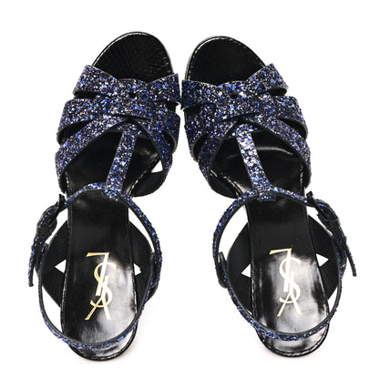 Saint Laurent Glitter Calfskin Ayers Tribute 75 Platform Sandals 38 Midnight Black Blue Royal 2 of 10