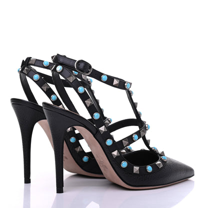 Valentino Garavani Pebbled Calfskin Turquoise Rockstud Rolling Ankle Strap 100mm Pumps 37 Black 4 of 8