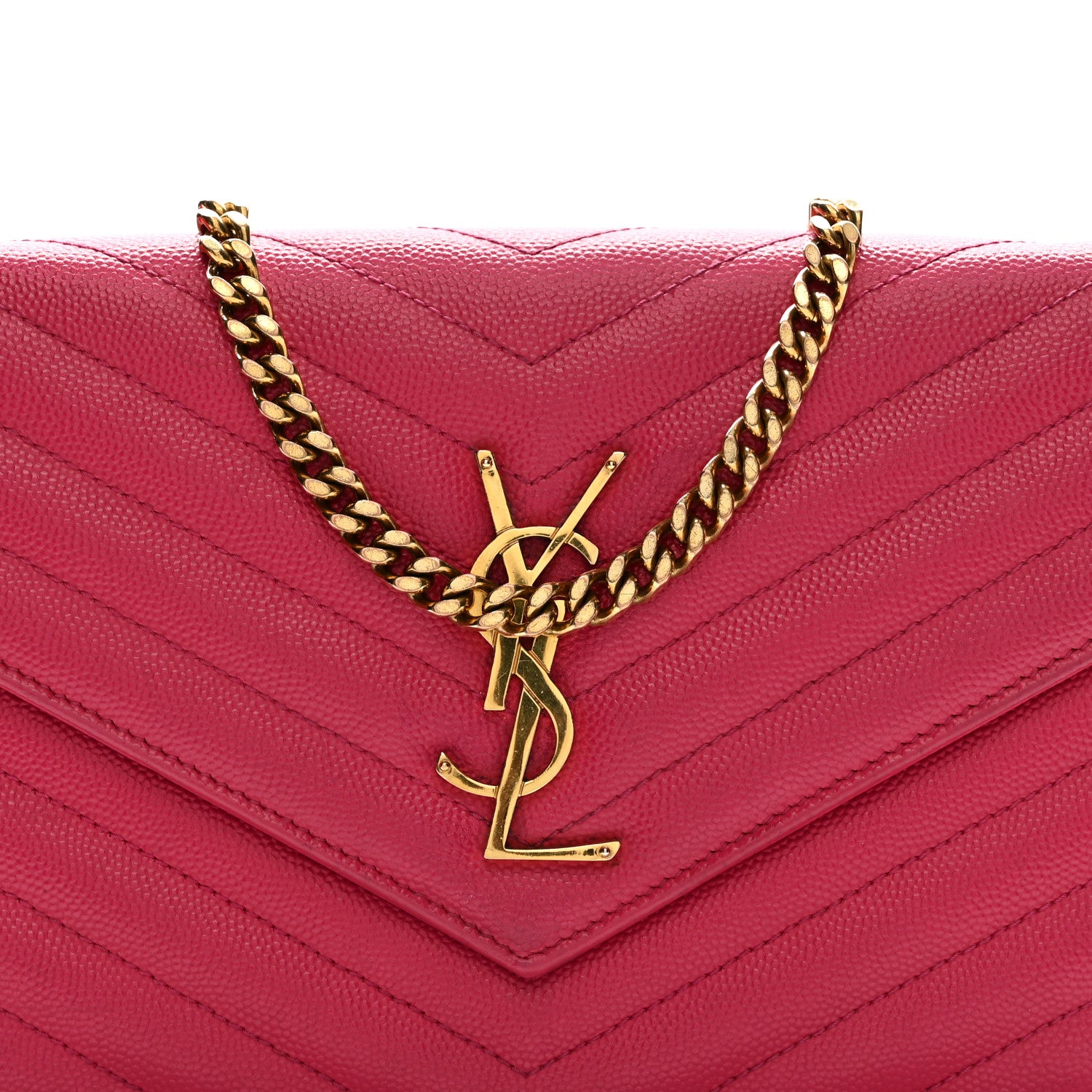 Saint Laurent Grain De Poudre Matelasse Chevron Monogram Chain Wallet Lipstick Fuchsia 10 of 15