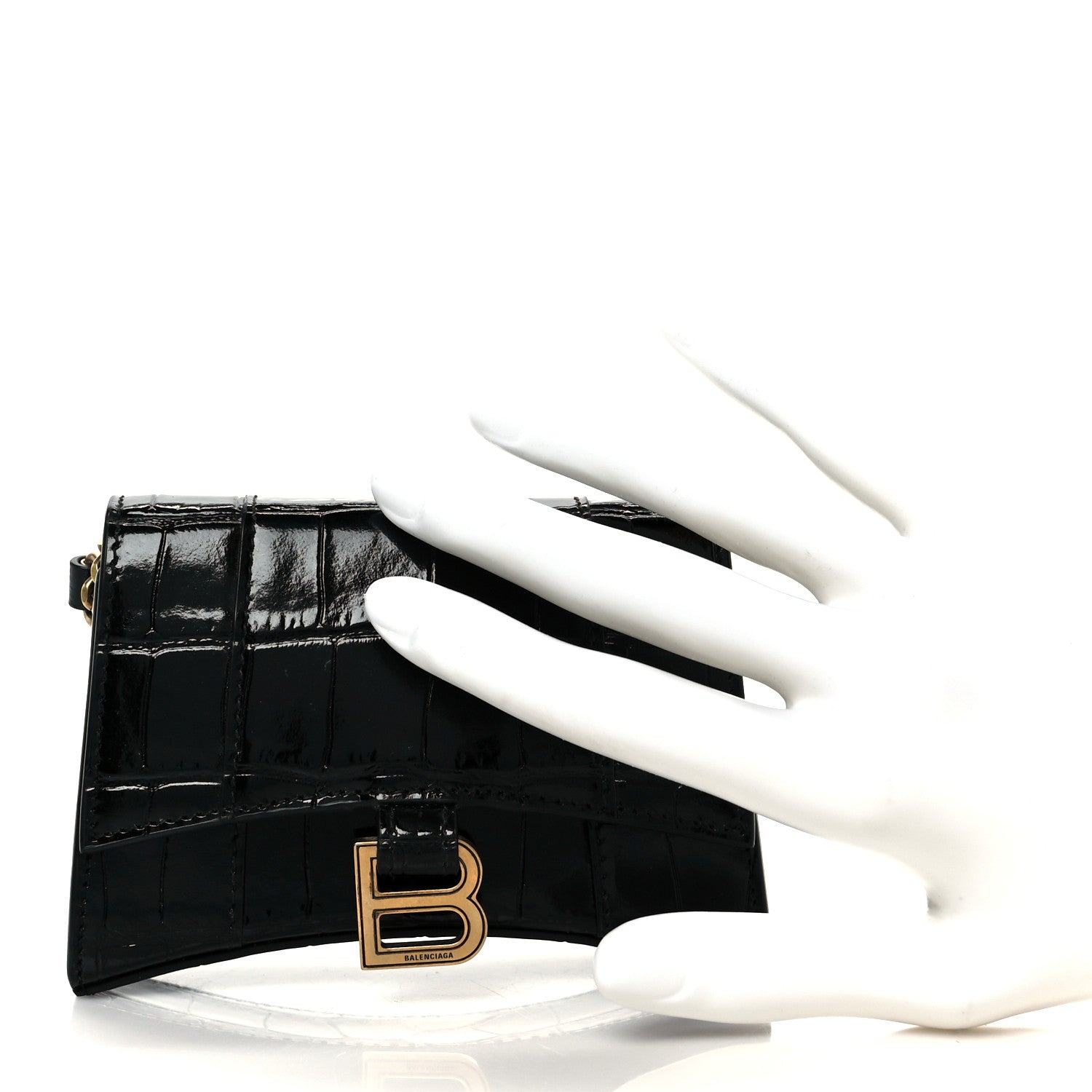 Balenciaga Shiny Calfskin Crocodile Embossed Hourglass Chain Cardholder Black 2 of 13
