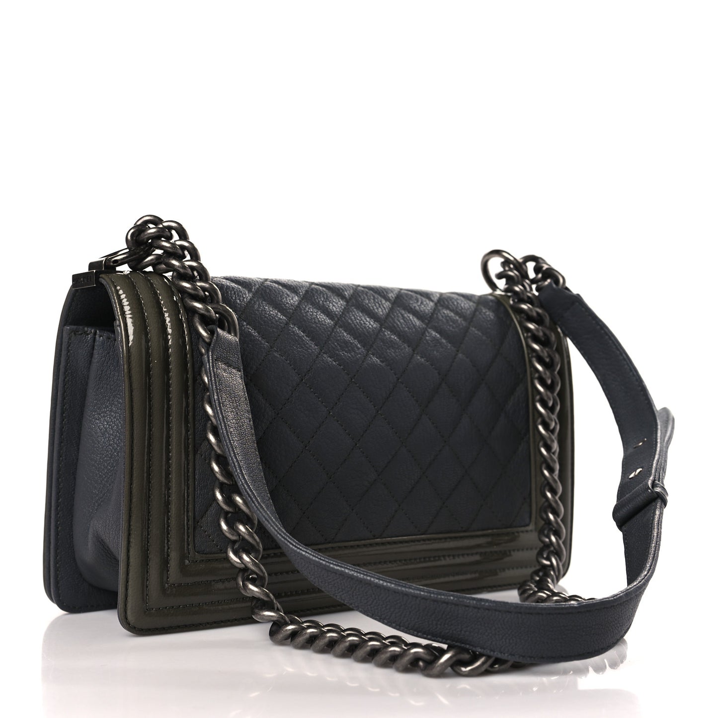 Goatskin Quilted Patent Medium Duo Boy Flap Grey Green