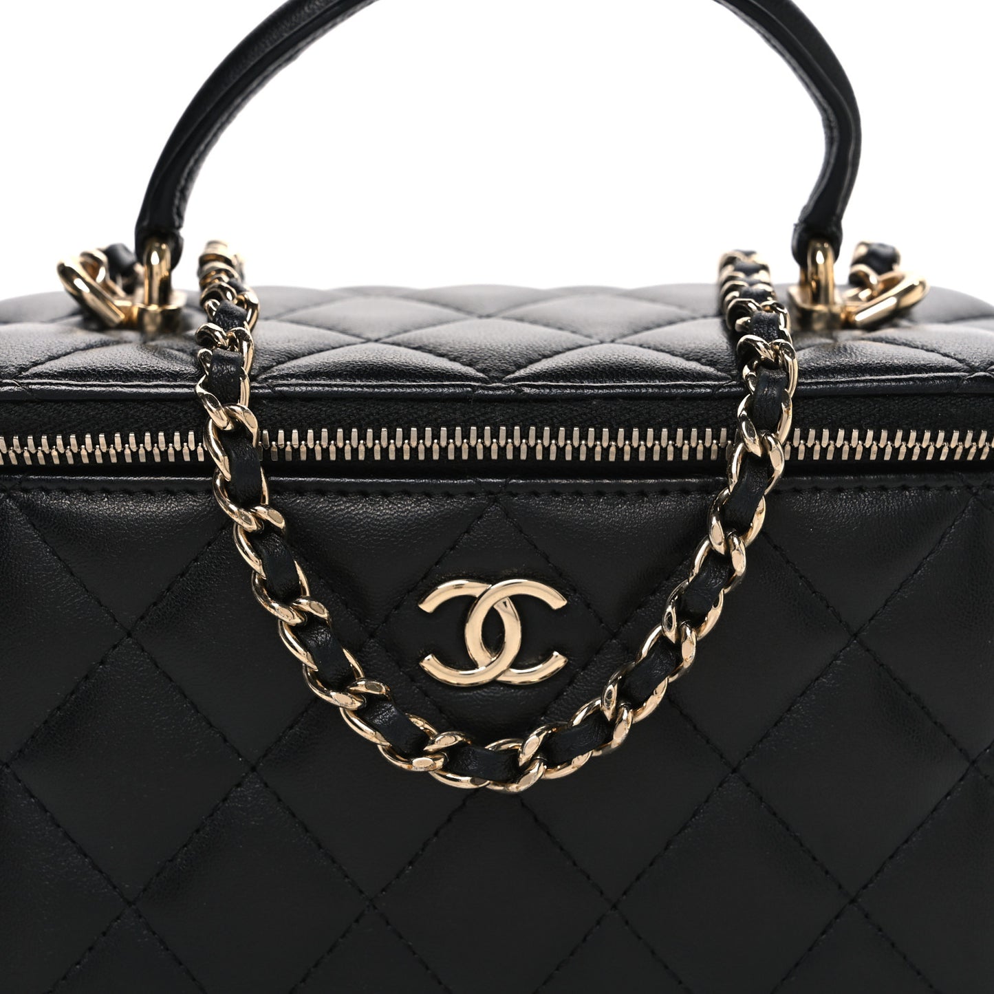 Lambskin Quilted Small Top Handle Vanity Case With Chain Black