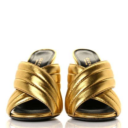 Gucci Metallic Nappa Webby Crossover High Heel Slide Sandals 37 Oro Vecchio 2 of 9