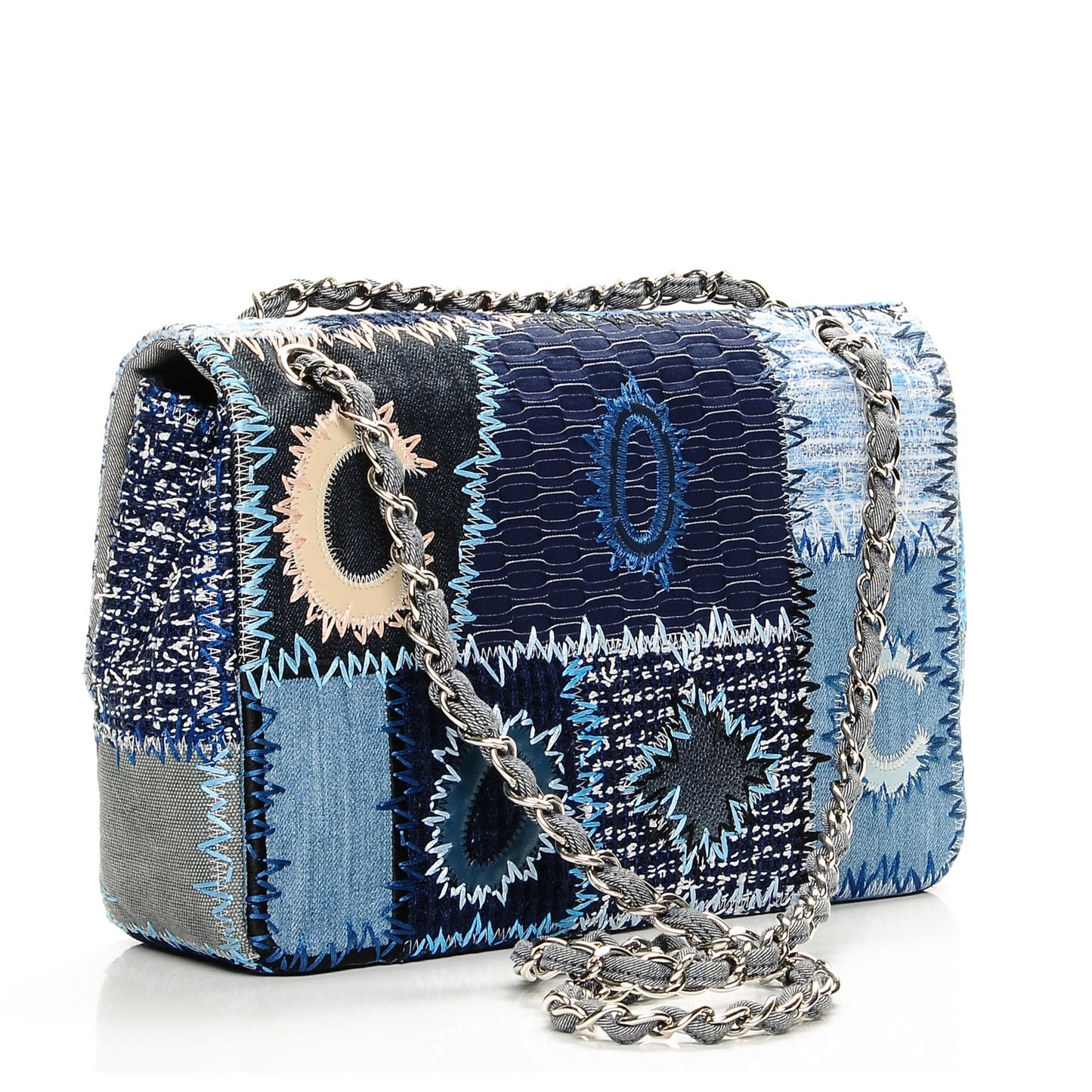 Denim Tweed Patchwork Jumbo Single Flap Blue