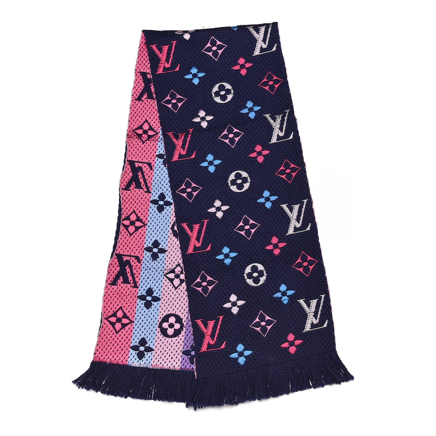 Wool Silk Rainbow Logomania Scarf Navy