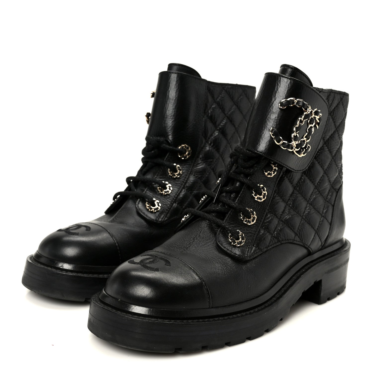 Chanel Shiny Goatskin Calfskin Quilted Lace Up Combat Boots 37.5 Black 4 of 10