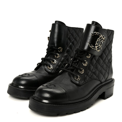 Chanel Shiny Goatskin Calfskin Quilted Lace Up Combat Boots 37.5 Black 4 of 10