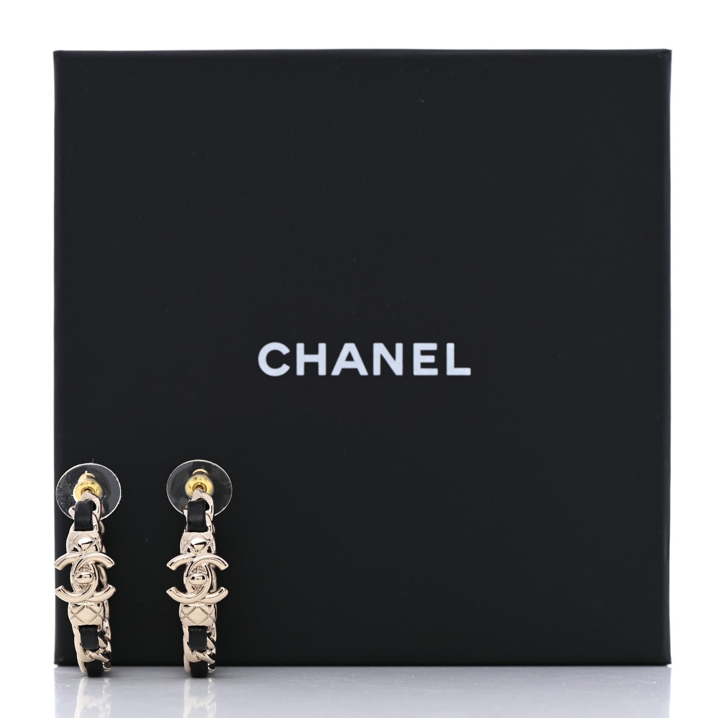 Metal Lambskin Quilted CC Turnlock Chain Hoop Earrings Gold Black
