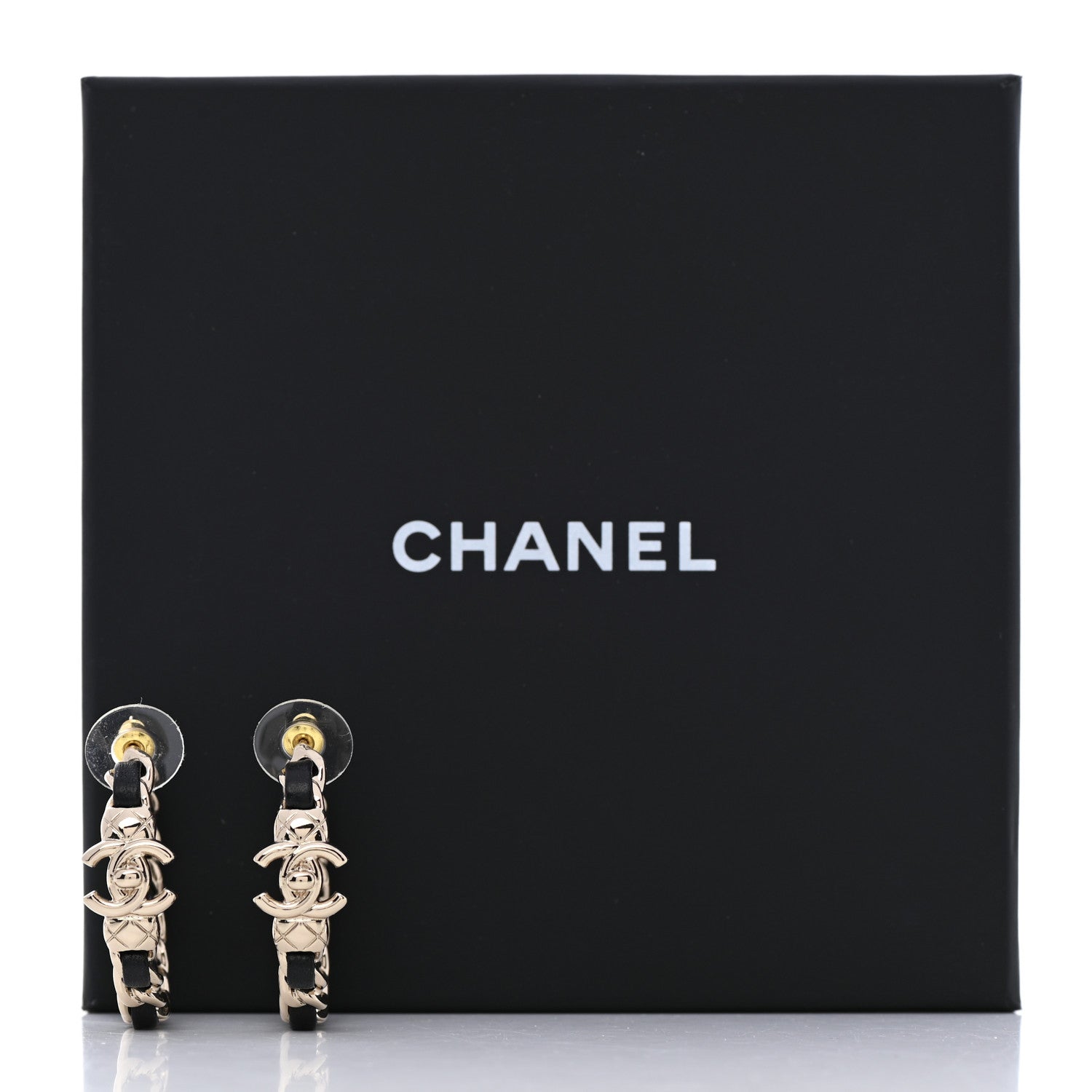 Chanel Metal Lambskin Quilted CC Turnlock Chain Hoop Earrings Gold Black 5 of 5