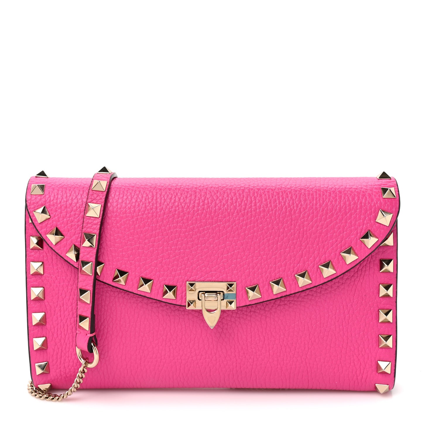 Grainy Calfskin Rockstud Flip Lock Wallet With Chain Pink PP