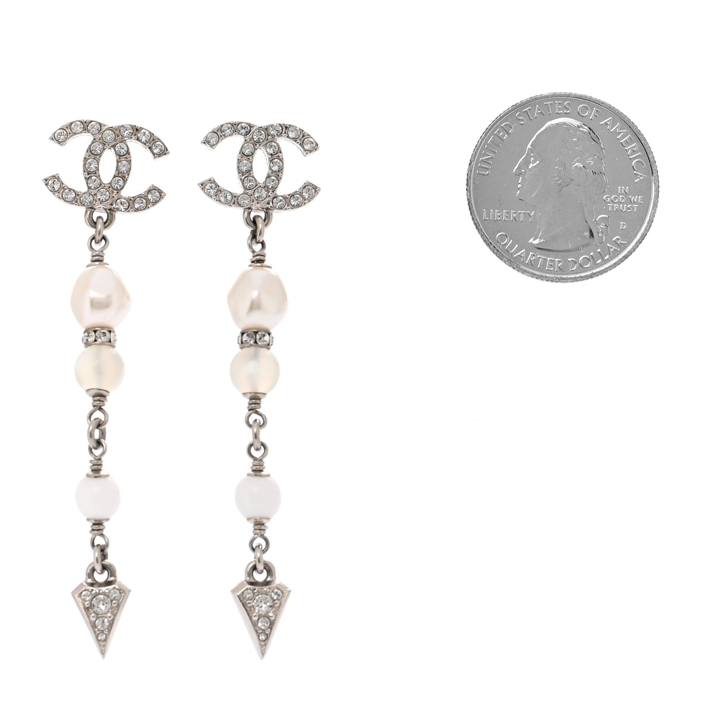 Crystal Pearl Bead CC Drop Earrings Silver White